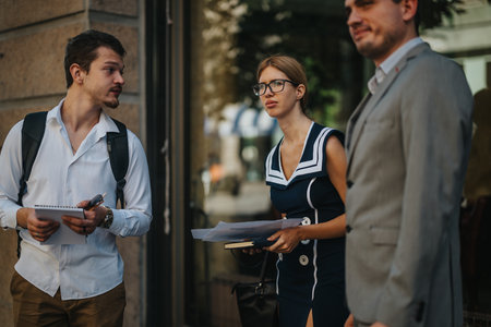 Business professionals meeting outdoors, discussing sales strategies and analyzing growth reports. Confident team collaborates on marketing plans for successful business development.の写真素材