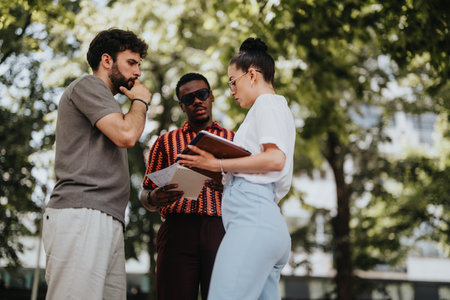 Multiracial business people analyzing statistics and discussing strategies for growth during an outdoor meetingの写真素材