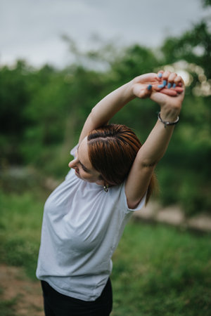 Woman stretching outdoors in a serene natural settingの写真素材