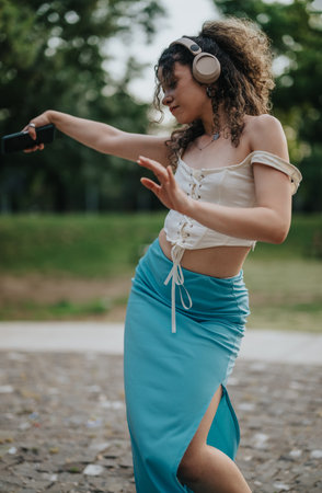 Happy young girl dancing in a park with headphones onの写真素材