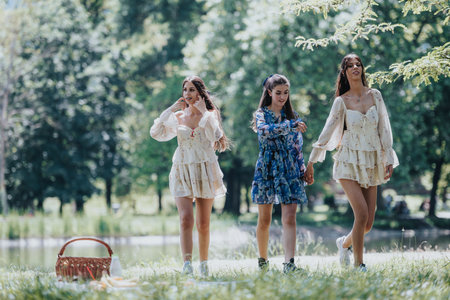 Three young women enjoying a sunny spring day in the park, showcasing freedom and beautyの写真素材