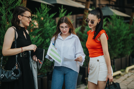 Three young businesswomen discussing documents outdoors in a casual meetingの写真素材