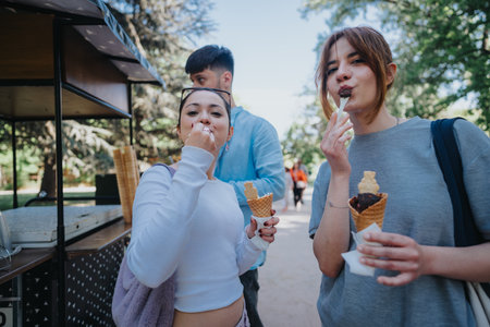 Friends enjoying delicious ice cream in a sunny park near an ice cream cartの写真素材