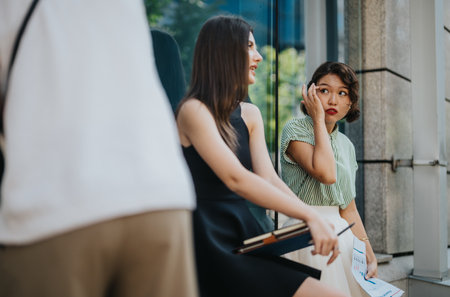 Young professionals talking and relaxing outdoors in the cityの写真素材