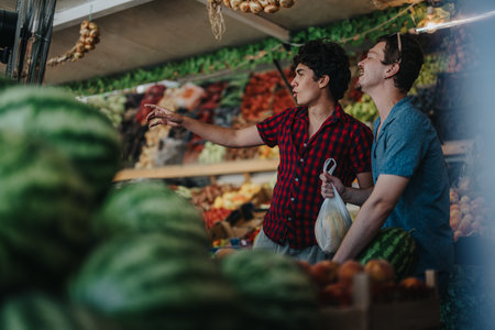 Friends buying fresh fruits and vegetables from local greengrocer marketの写真素材