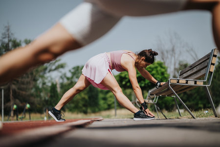 Woman stretching outdoors in park while leaning on bench during warm-upの写真素材