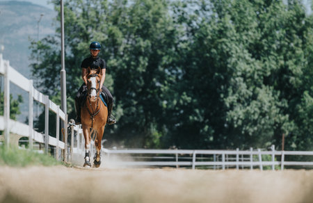Equestrian riding horse along dirt path on a sunny dayの写真素材