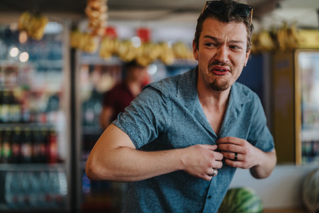 Friends shopping for fresh produce at local greengrocer marketの写真素材