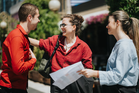 Smiling businesspeople interact outdoors while discussing documentsの写真素材