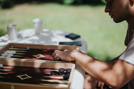 Young man enjoying a relaxing outdoor game of backgammon on a sunny dayの写真素材