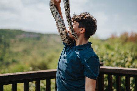 Young enjoying playful interaction with snake outdoorsの写真素材