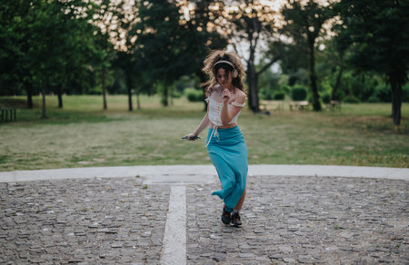 Happy young girl dancing joyfully in the park wearing headphonesの写真素材