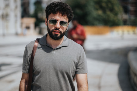 Confident bearded man in sunglasses walking outdoors in an urban settingの写真素材