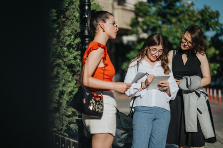 Businesswomen having an outdoor meeting, reviewing documents and taking notes on a sunny dayの写真素材