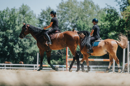 Two equestrians riding horses during training session in a sunny outdoor settingの写真素材