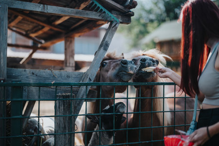 Woman feeding horses and alpaca at a farm during a sunny dayの写真素材
