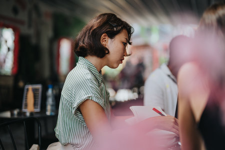 Young businesswoman attending meeting with colleagues discussing new projects and strategiesの写真素材