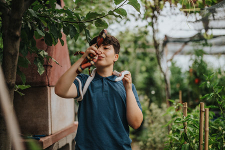 Young girl interacting with snakes in a lush garden settingの写真素材