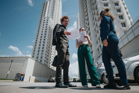 Business workers collaborating outdoors in urban city area discussing projectsの写真素材