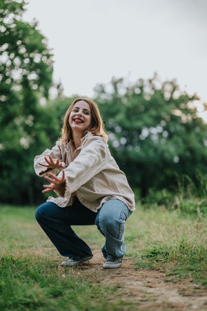 Joyful young woman posing playfully in a green park settingの写真素材