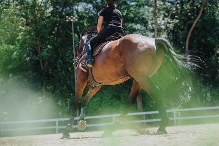 Equestrian on horseback riding through a sunny outdoor arena surrounded by natureの写真素材