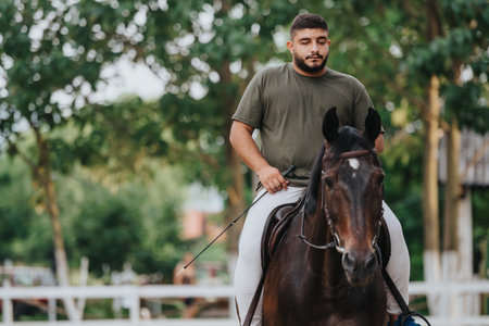 Confident man enjoying horseback riding in a lush green park on a sunny dayの写真素材