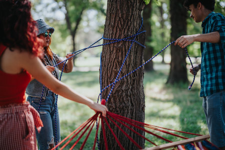 Friends setting up a hammock in a park on a sunny dayの写真素材