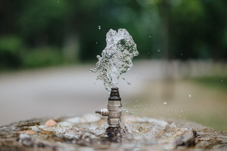 Refreshing water fountain in a peaceful park setting with a blurred backgroundの写真素材