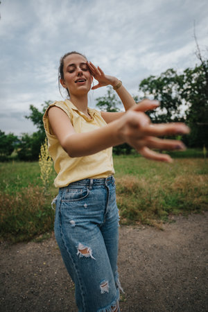 Young woman enjoying outdoors with relaxed expression and casual attire in natureの写真素材