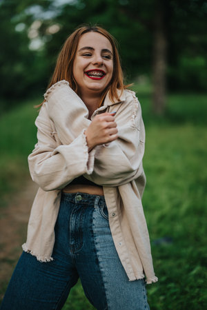 Smiling woman with braces enjoying outdoors in casual clothingの写真素材