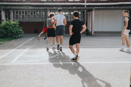 Group of friends playing basketball at an old neighborhood court, enjoying teamwork and camaraderie under the sunの写真素材