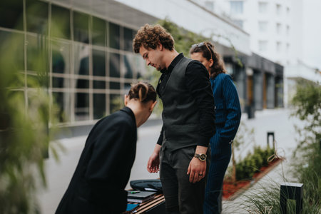 Young professionals collaborating outdoors in urban setting with modern building backgroundの写真素材
