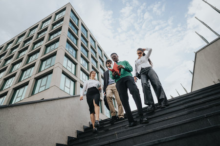 Young startup colleagues at an outdoor urban meeting working remotelyの写真素材