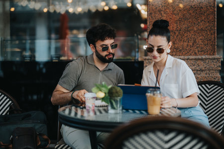 Business partners discussing a new project in a modern coffee shop, analyzing statistics and strategizing togetherの写真素材