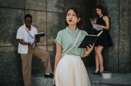 Portrait of confident Asian woman holding notebook outside with people in backgroundの写真素材