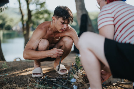Young man and woman preparing a campfire for a picnic in a mountainous forest near a lakeの写真素材