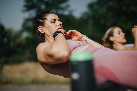 Women performing outdoor calisthenics workout in the park on a sunny dayの写真素材