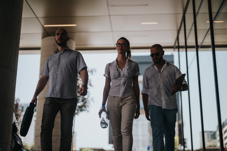 Businesspeople walking in urban downtown area during outdoor meeting, representing cooperation and teamworkの写真素材