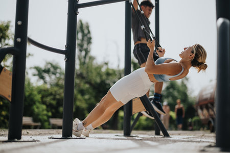 Young woman exercising on outdoor fitness equipment in a park on a sunny dayの写真素材