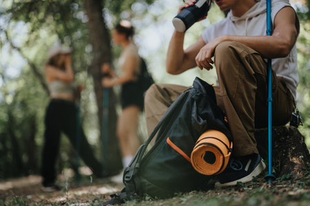 Group of friends hiking in forest, resting with water bottles and backpacksの写真素材