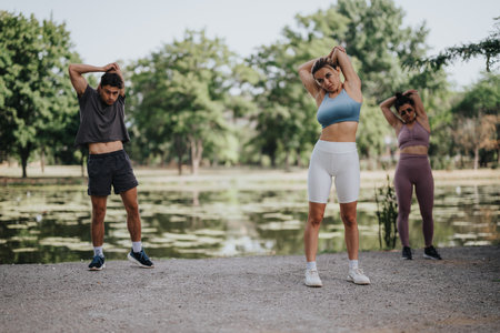 Group calisthenics workout in park with people stretching near lakeの写真素材