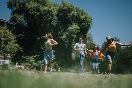 Group of friends running and having fun in a park on a sunny dayの写真素材
