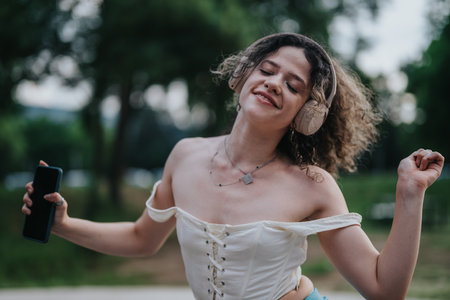 Happy young girl dancing to music with headphones outdoorsの写真素材