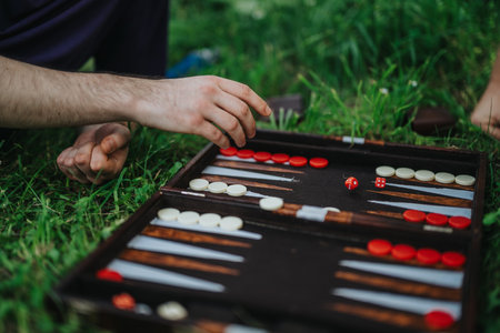 Hands playing backgammon on grass in a relaxed outdoor settingの写真素材