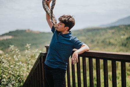 Young girl interacting with pet snake on outdoor terraceの写真素材