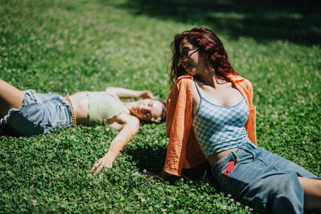 Young adults relaxing and enjoying a sunny day in the parkの写真素材