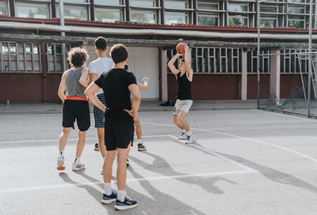 Friends playing a casual game of basketball at their neighborhood court on a sunny dayの写真素材