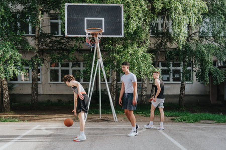 Friends enjoying a game of basketball at an old neighborhood court on a sunny day, showcasing camaraderie and fitness in an urban settingの写真素材