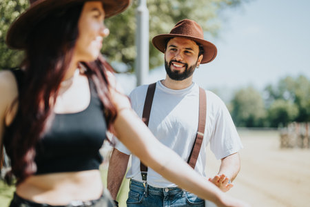 Couple discussing at the ranch on a sunny day wearing stylish hatsの写真素材