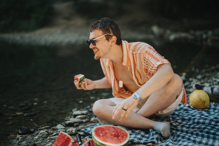 Young man enjoying a picnic by the river with watermelon slicesの写真素材